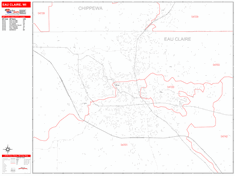 Eau Claire Wall Map Zip Code Red Line Style 2024